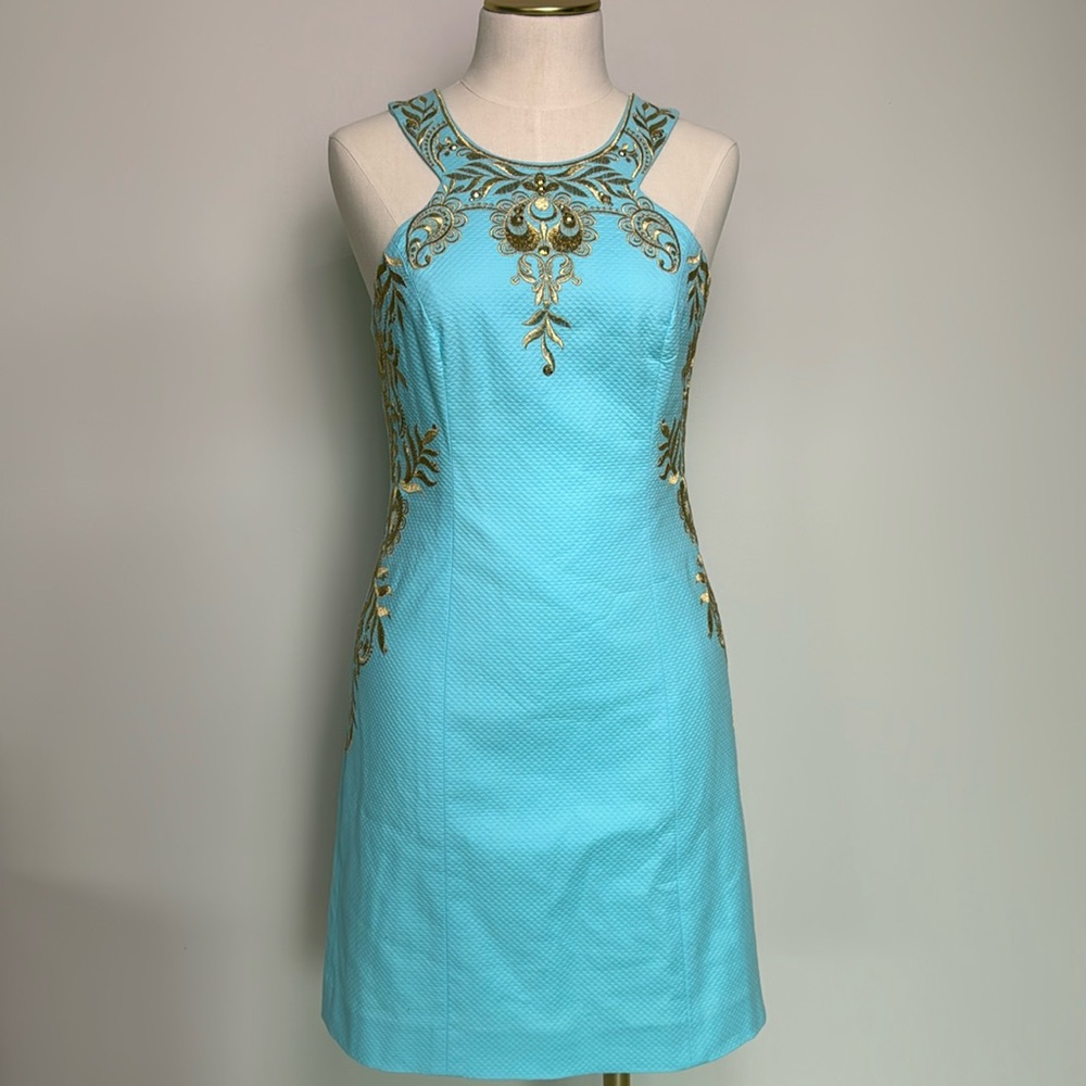 Lilly Pulitzer Aqua Blue Embroidered Sheath Dress with Gold Accents